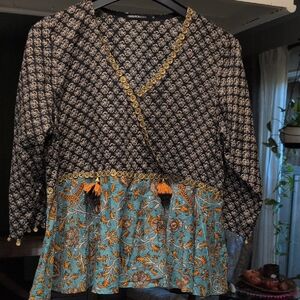 Chic Bohemian Wrap Blouse in Black and Blue